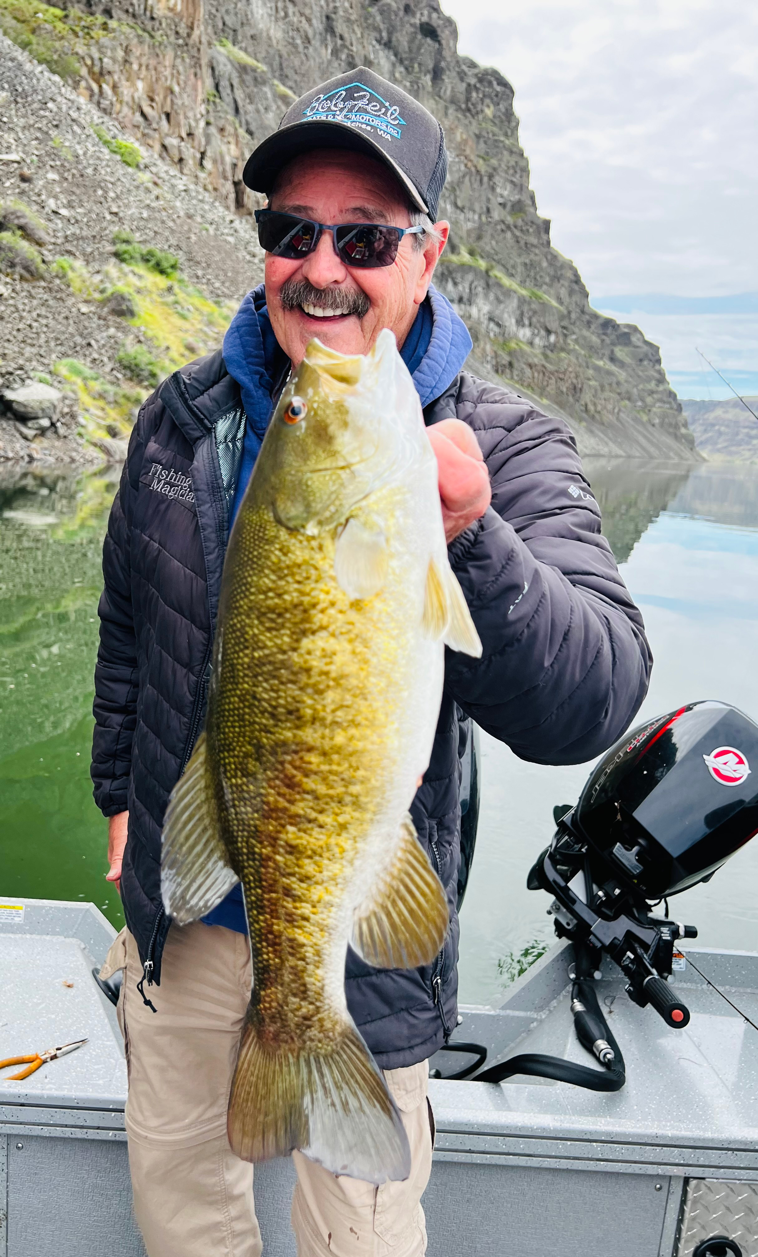 A nice smallmouth bass landed while trolling crankbaits at Crescent Bar on the Columbia River.