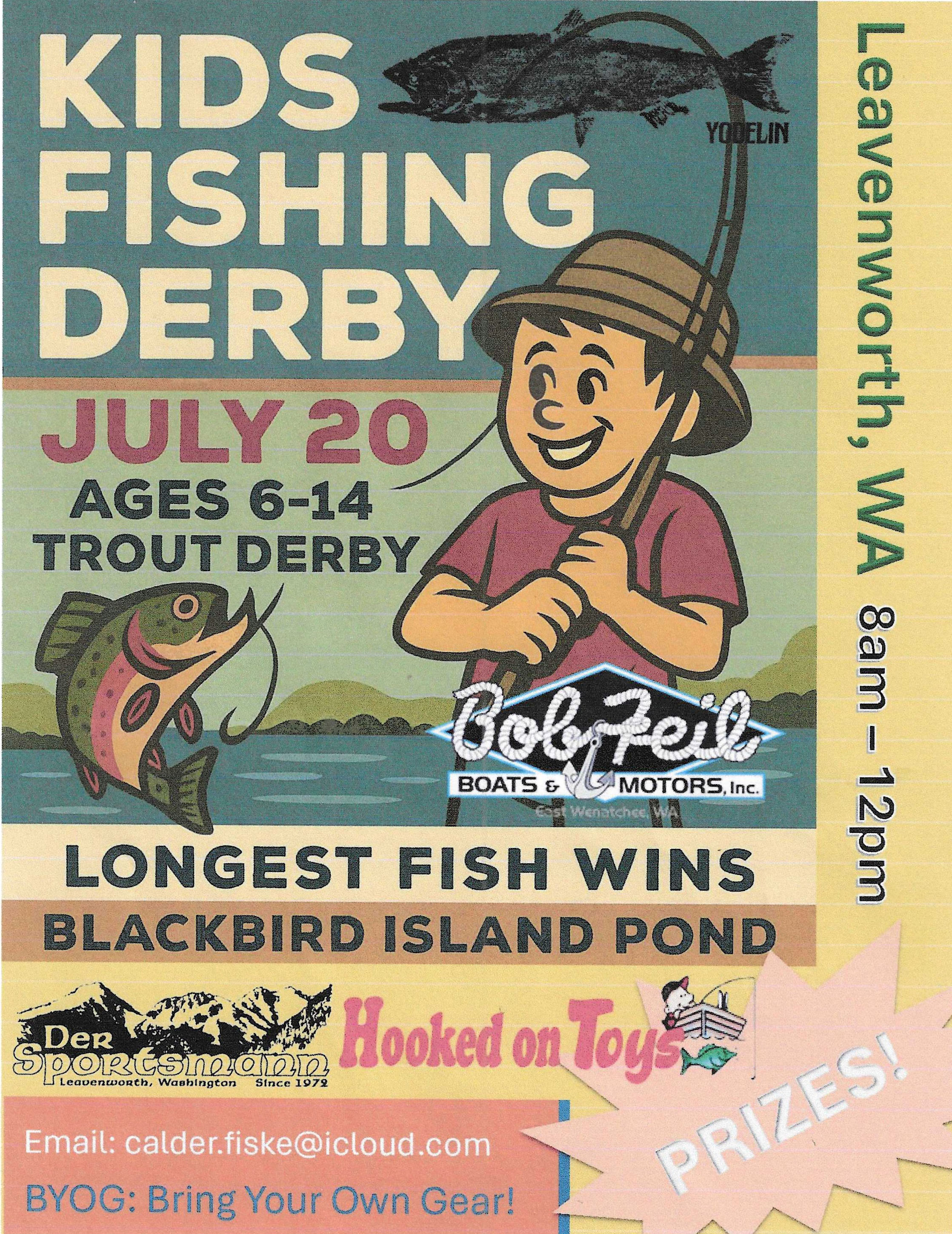 Poster created by Calder Fiske promoting a free kids fishing derby at the Blackbird Island Juvenile Pond in Leavenworth.
