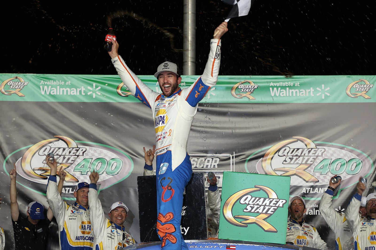 Chase Briscoe crossing the finish line in the No. 19 Toyota at Pocono Raceway to capture his first Cup win of the season.